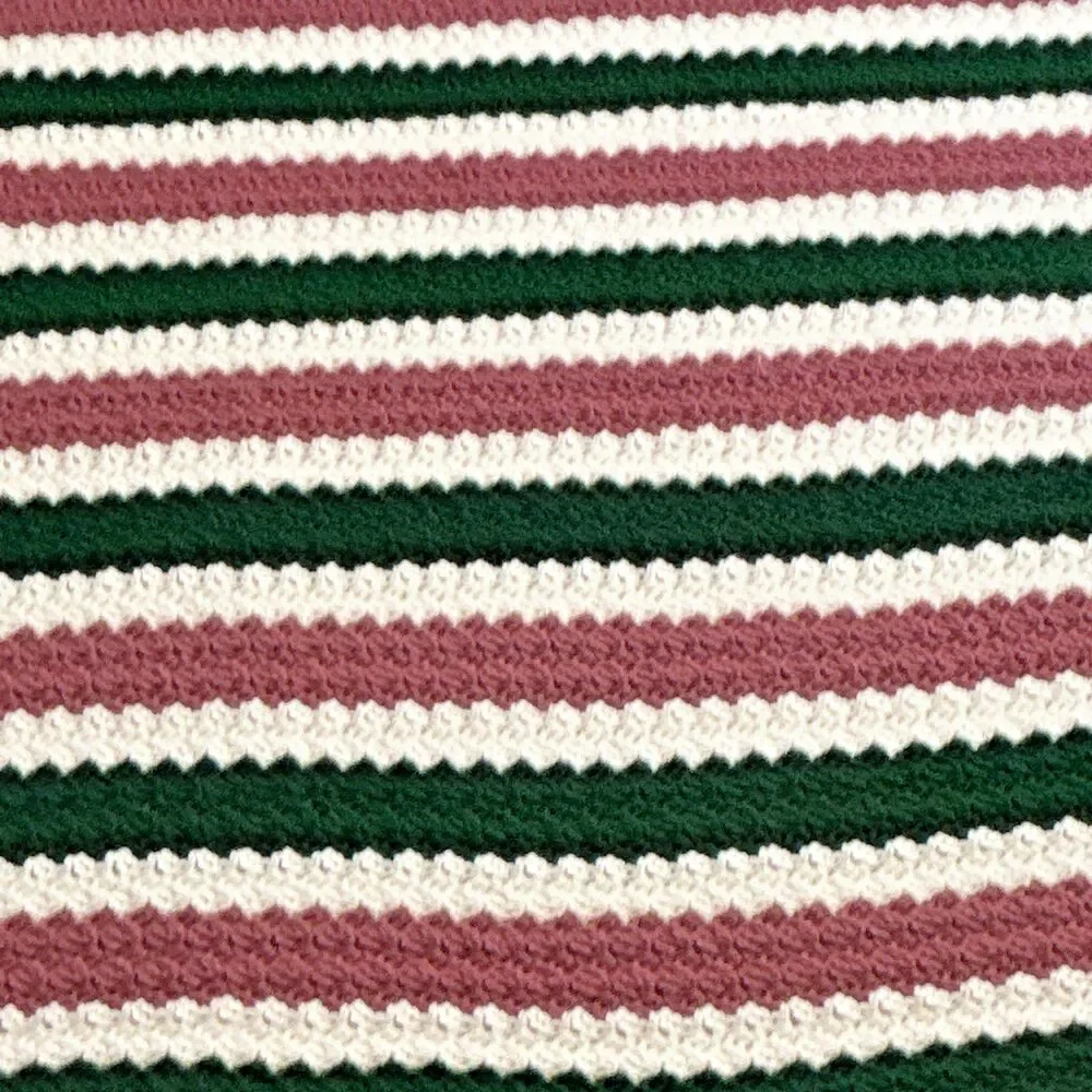 Handmade Crochet Striped Bed Throw Blanket Green White Mauve 48 x 65 in